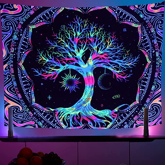 Blacklight Tree of Life Tapestry - UV Reactive Spiritual Life Tree Wall Hanging Glow in the Dark Tapestry for Backdrop Bedroom Dorm Living Room Decor (Tree, B(150 * 200))