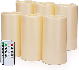 Amagic 3" x 6" Outdoor Waterproof Flameless Candles - Battery Operated LED Pillar Candles with Remote Control and Timers, Ivory, Plastic, Set of 6