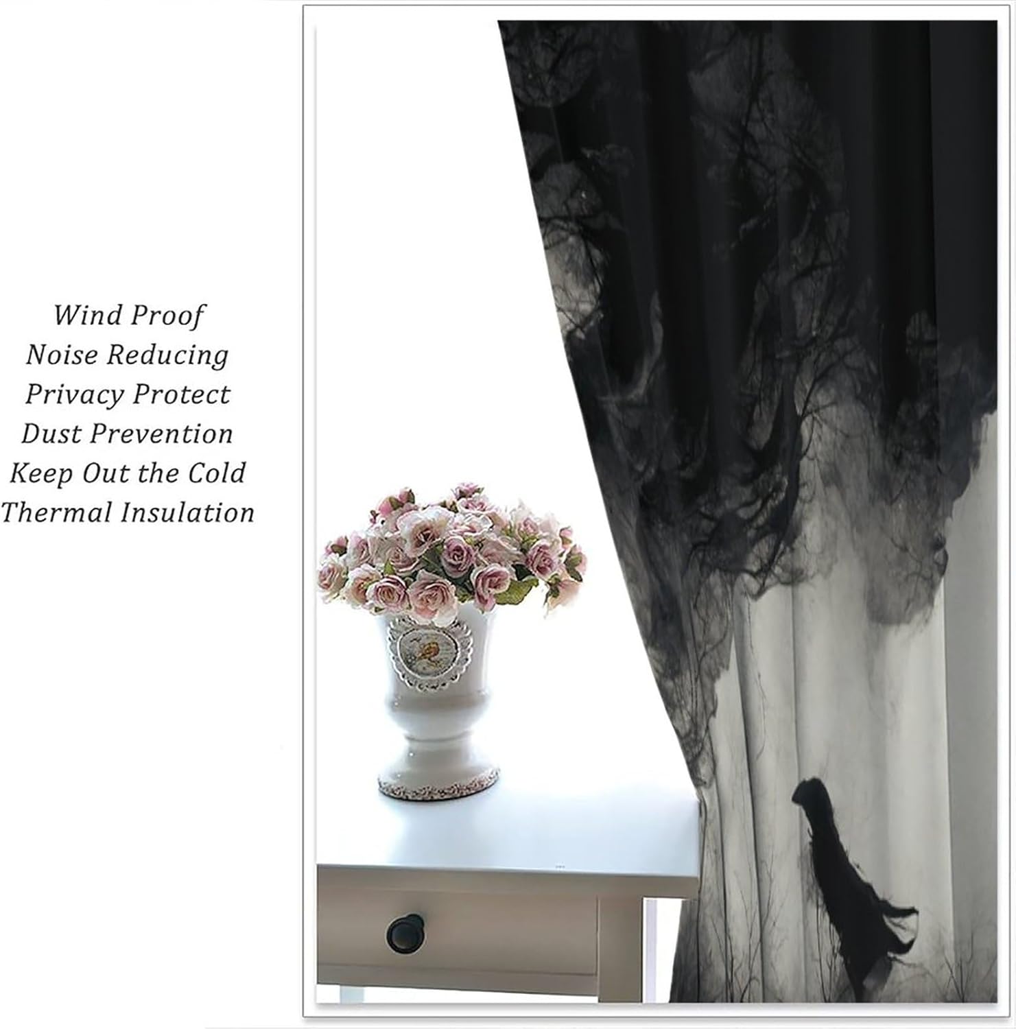 Halloween Misty Forest Curtains, Gothic Foggy Night Silhouette Birds Black Raven Crow Room Darkening Door Window Rod Pocket Curtain for Living Room Bedroom W42xL45in