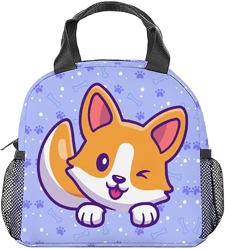 Corgi - Lonchera para niños, lonchera aislada para niñas y niños, color blanco, reutilizable, pequeña con bolsillos, bolsa de almuerzo para la