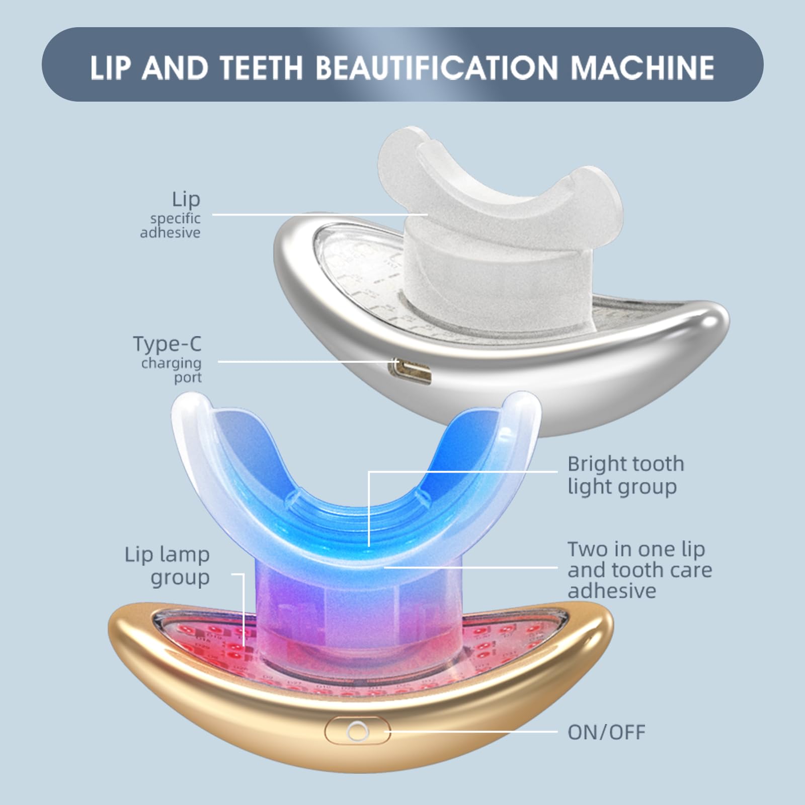 Appareil de thérapie à la lumière rouge, outil 2 en 1 de soin des lèvres et des dents, anti-âge, anti-âge, lisse, rides, blanchiment des dents Blu-ray, lèvres plus pleines et plus éclatantes (argent)