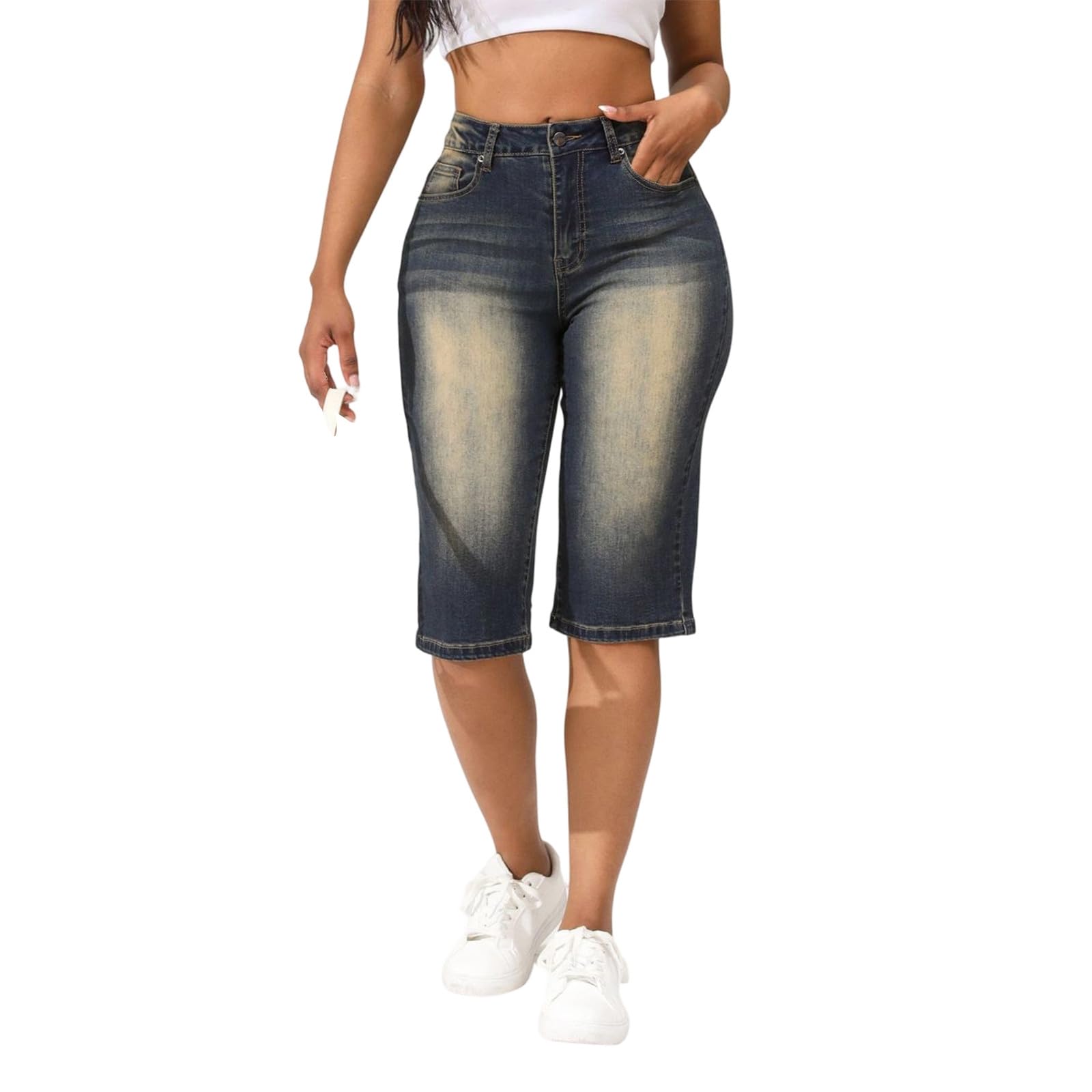 Pantalon 3/4 pour femme - Jambe large - Pantalon en tissu denim léger - Pantalon d'été décontracté - Bermuda court stretch Y2K Streetwear - Pantalon de loisirs avec poches
