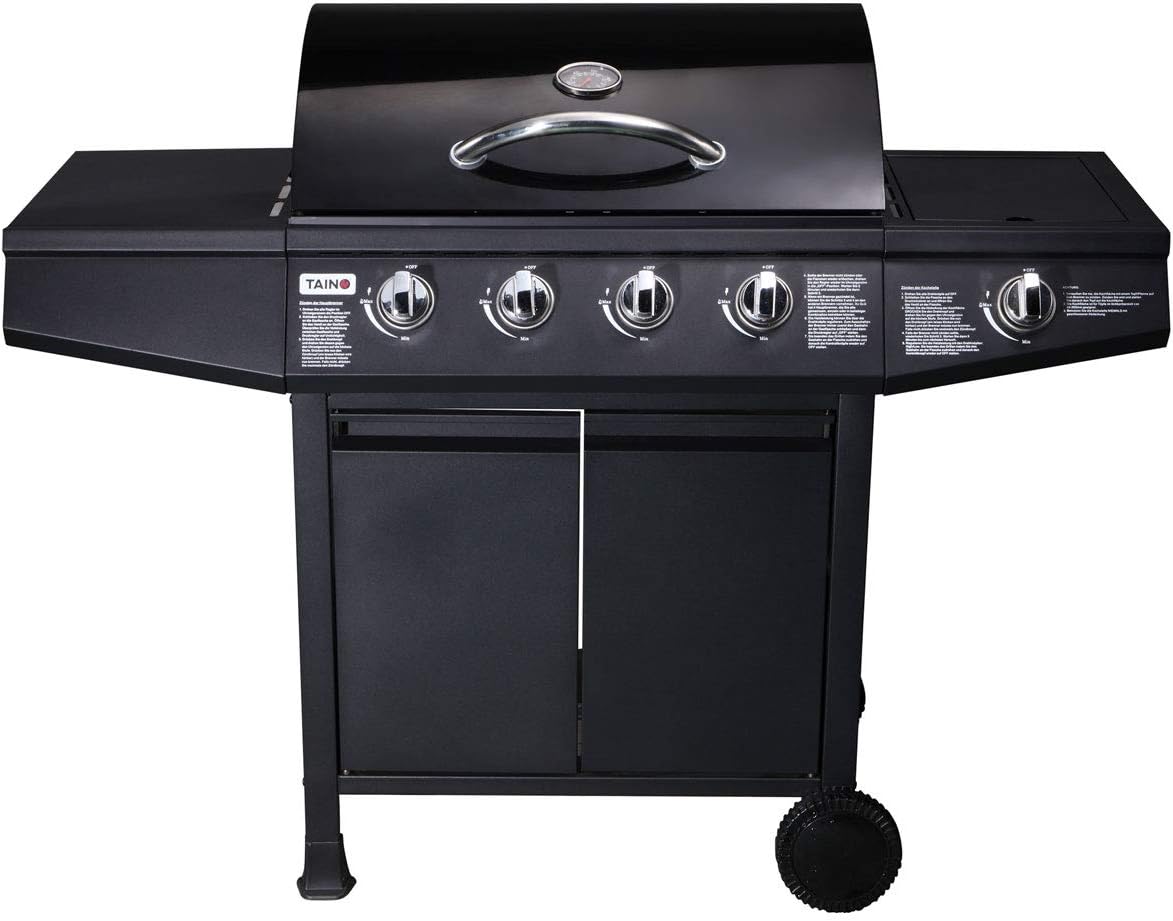 TAINO Basic 4+1 - Barbecue a Gas con Coperchio e Riduttore di Pressione, in Acciaio Inox, Certificazione TÜV, Colore: Nero TAINO Basic 4+1 - Barbecue a Gas con Coperchio e Riduttore di Pressione, in Acciaio Inox, Certificazione TÜV, Colore: Nero