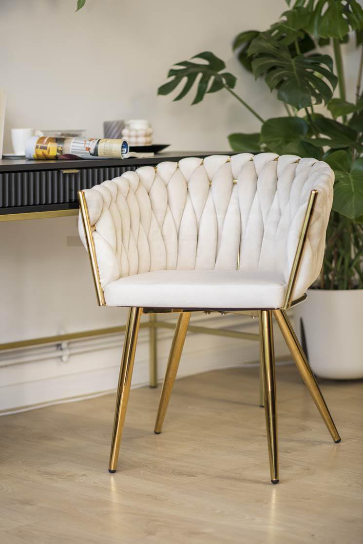 BETTSO - Larissa - Upholstered chair - with braided/woven backrest - velour/velvet - golden metal legs - office chair - dressing table - dining room - velvet beige Product Image 2
