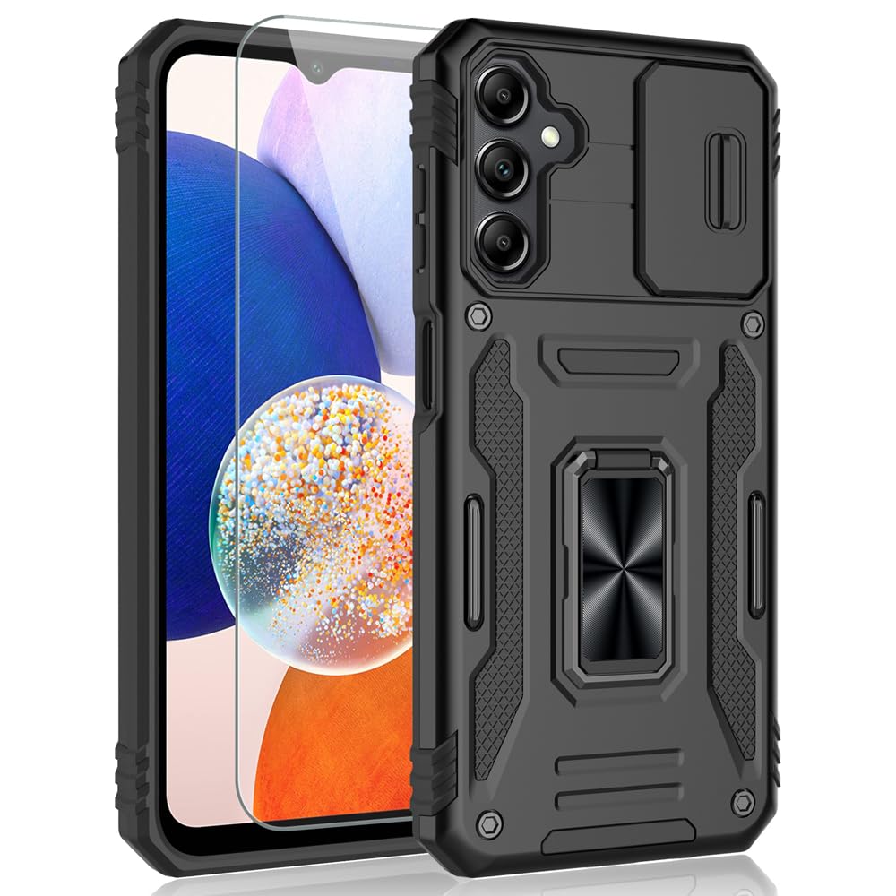 SYONER for Samsung Galaxy A14 5G Case, Shockproof Phone Case & Sliding Camera Cover & Ring Holder Kickstand with Screen Protector for Samsung Galaxy A14 5G (6.6
