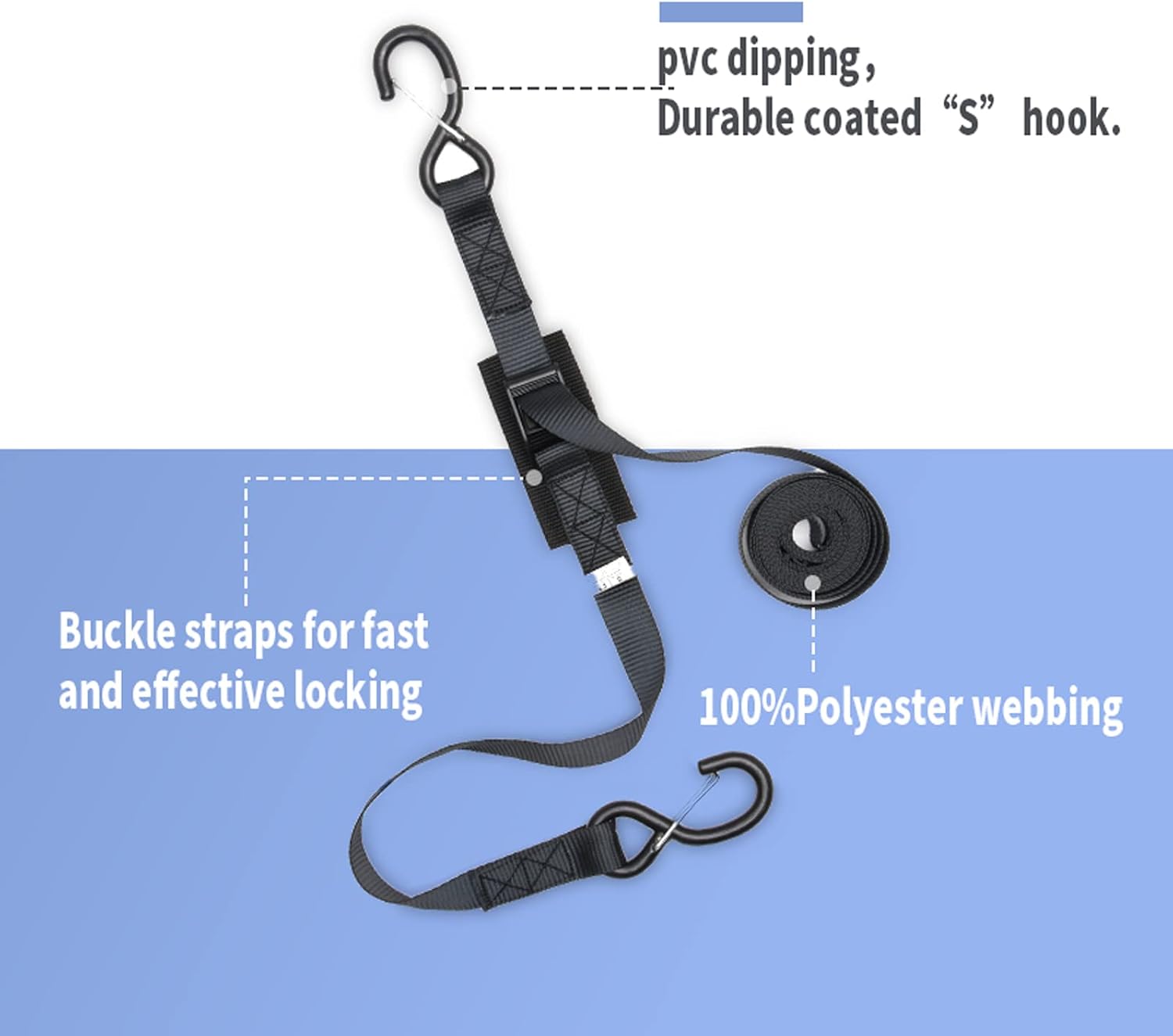 Cam Buckle Tie Down Straps with Hooks and Integrated Soft Loops, Heavy Dudy Lashing Straps for Motorcycle, Boat, Kayak, Truck, Trailer, Dirt Bike, Car Securing Straps 10 feet 2200lbs Break Strength