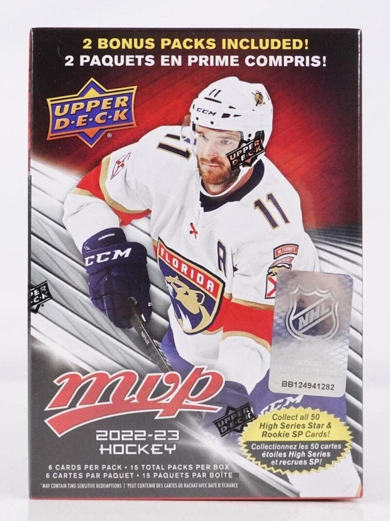 2022-23 NHL UPPER DECK MVP Hockey Factory Sealed Blaster Box 90 Cards 15 Packs of 6 Cards. Produced by Upper Deck. Look for Gold Script Parallels and Rookies.