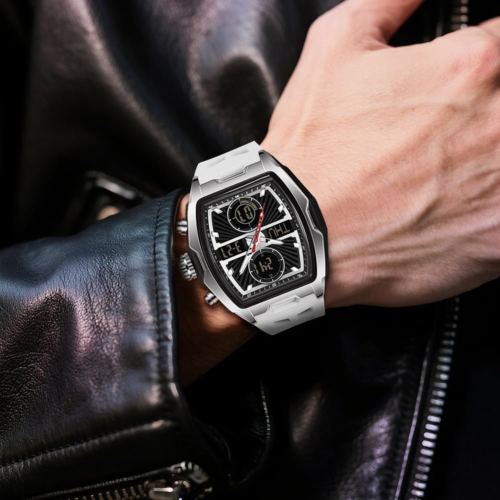 FANMIS Watches for Men Unique Rectangular White Men’s Wristwatch –Multifunction Chronograph with Digital Analog Dual Time Display Countdown Stopwatch Punk Cool Design Waterproof Dress Watch - Image 3
