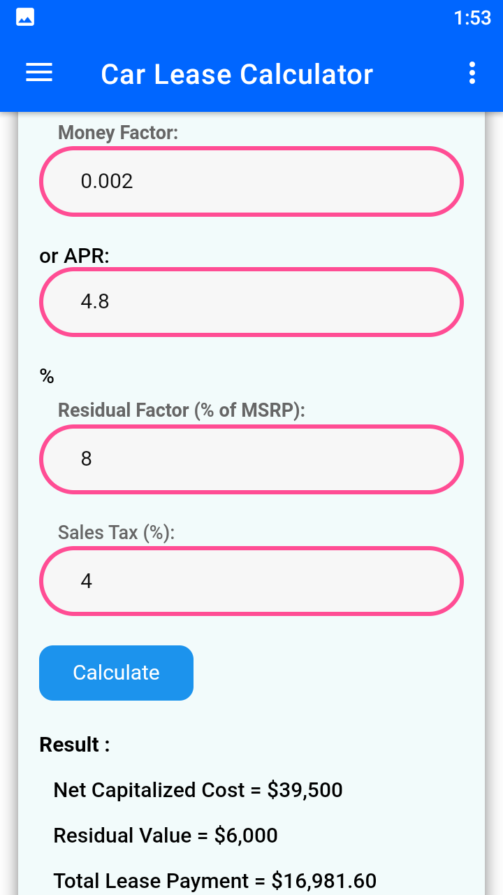 Car Lease Calculator App on Amazon Appstore