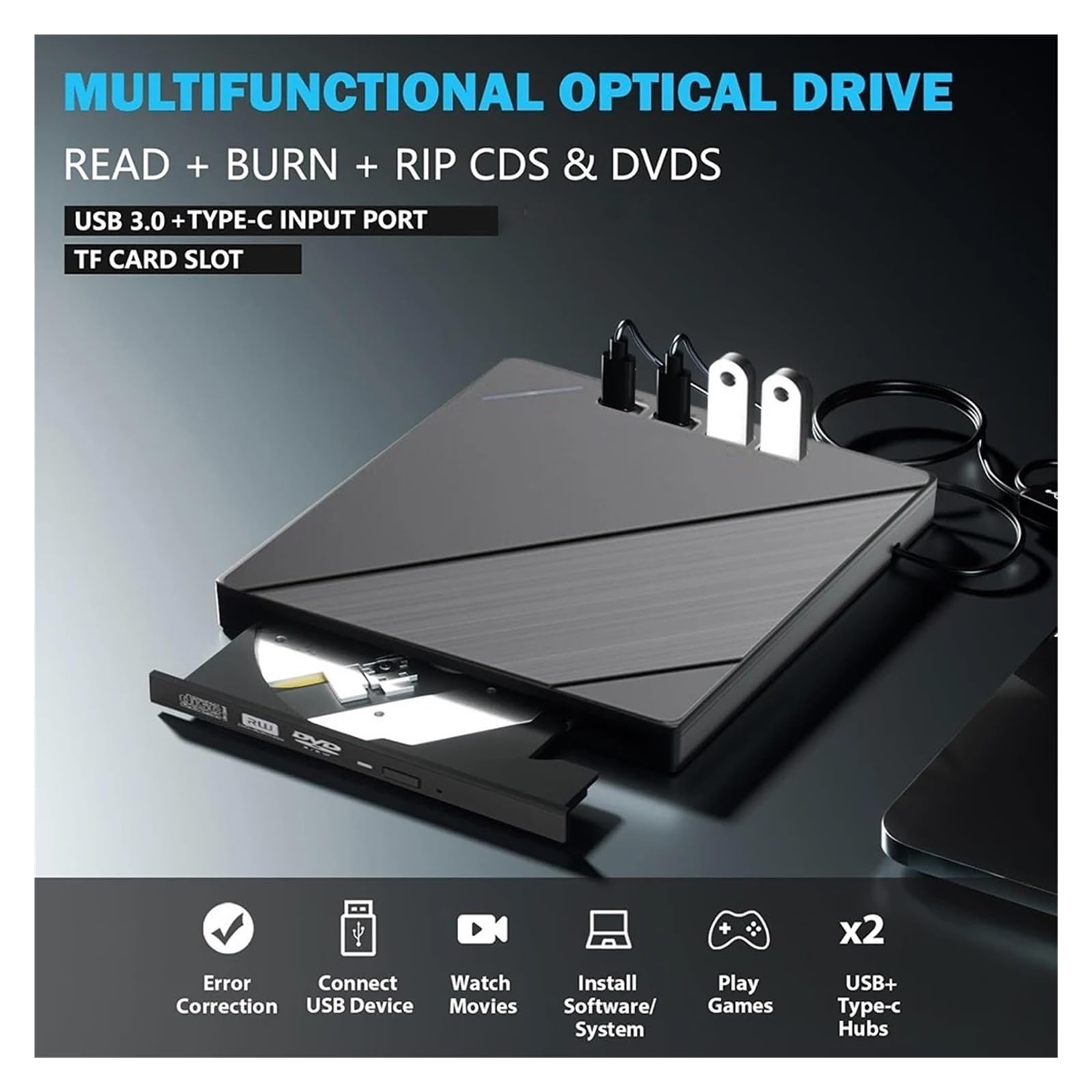 7w1 USB3.0 Typ C TF Zewnętrzne CD DVD RW Napędy Optyczne Nagrywarka Czytnik Tacy Odtwarzacza Na PC Laptop Notebook Wyczyść Proces Odtwarzania