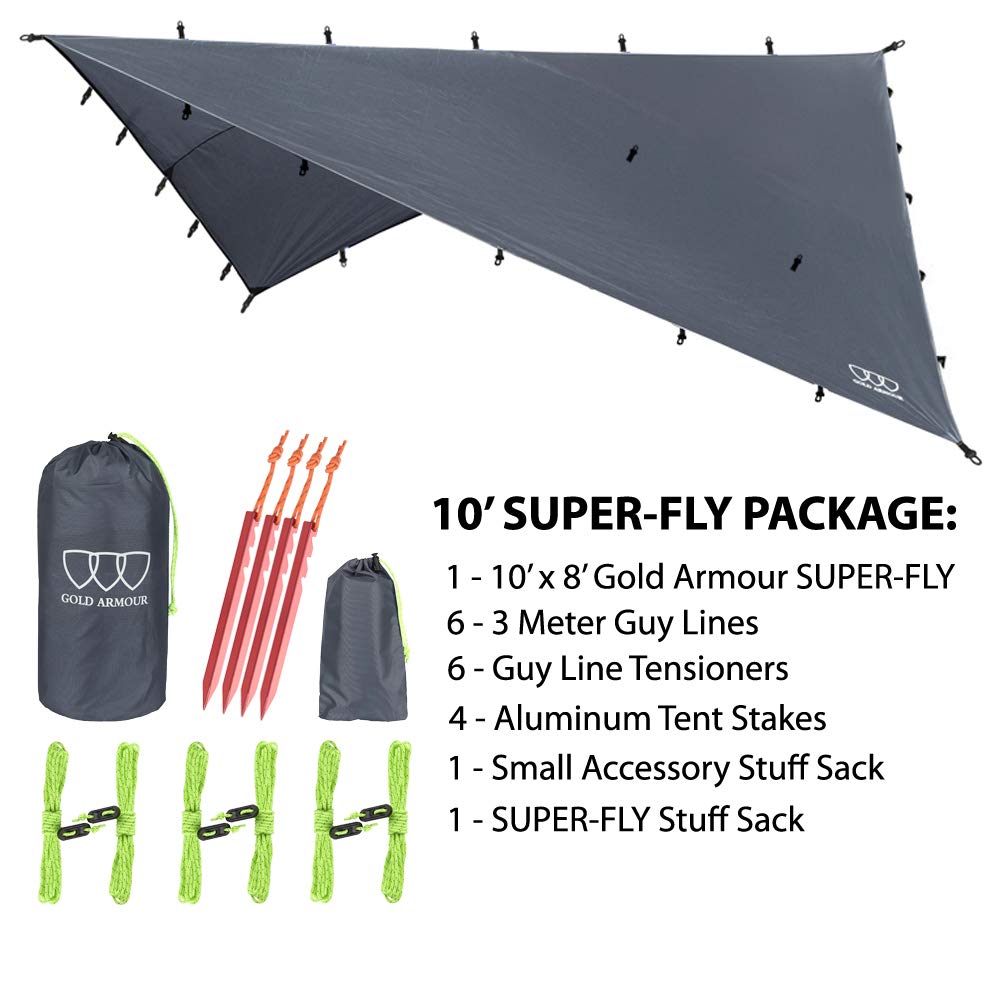 Gold Armour Rainfly Tarp Hamak, 4,5 m, 3,0 m, 2,4 m, wodoodporna, ultralekka tkanina Ripstop, sprzęt survivalowy, akcesoria do namiotów kempingowych z plecakiem, szara, 3 m x 2,4 m)