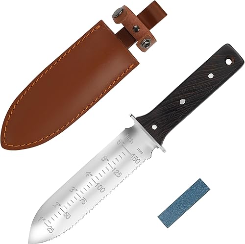 GARTOL Hori Hori - Cuchillo de jardín con funda de cuero, hoja de acero inoxidable de 7 pulgadas, mango de madera de espiga completa, herramientas