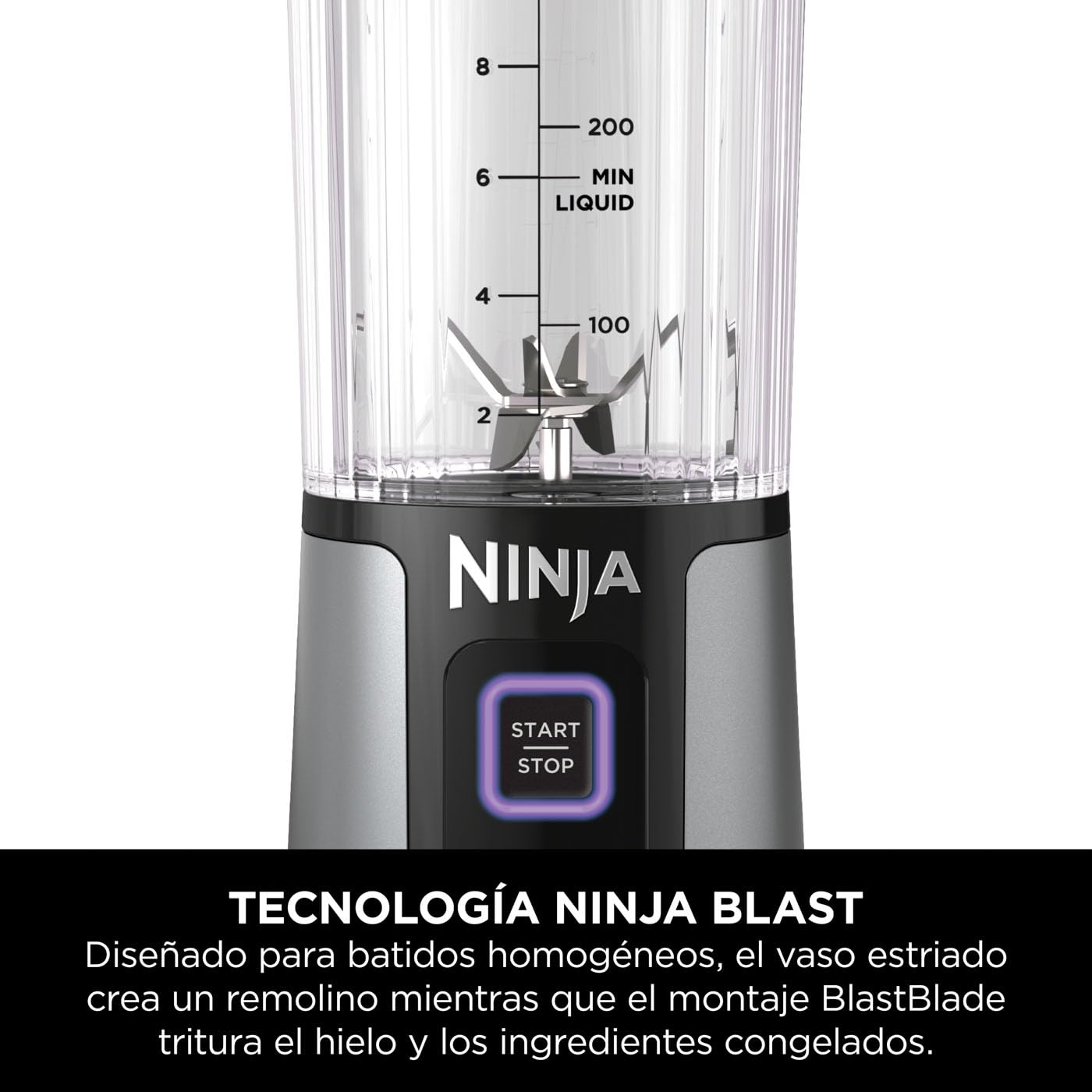 Ninja Blast Batidora portátil, Vaso de 530 ml con tapa antigoteo y boquilla para sorber, Minibatidora sin cable, recargable, smoothies, batidos de proteínas, pica hielo y frutas congeladas, BC151EUBK