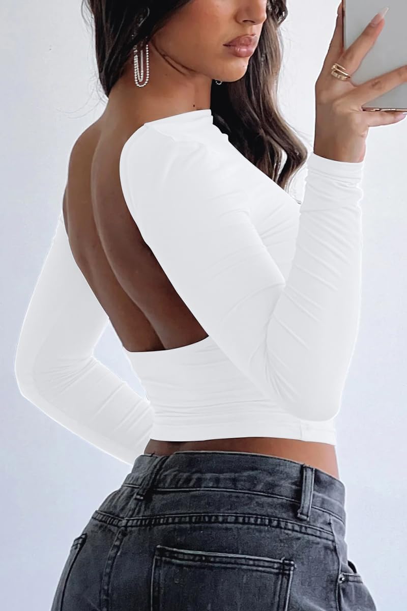 ForeFair Women Sexy Backless Short Sleeve Slim Fit Crewneck Summer Casual Y2K Crop Tee - Image 4