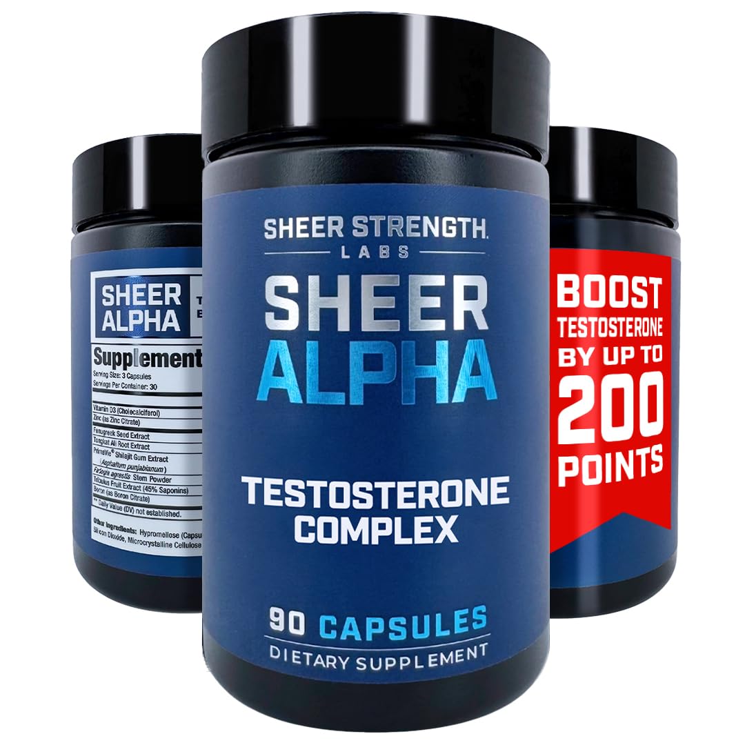Sheer Strength Labs Testosterone Booster T-Booster for Men - Clinically Backed Dose, Strongest Formula - Made in USA - Premium Blend of Fadogia Agrestis Tongkat Ali and Shilajit. 30 Servings