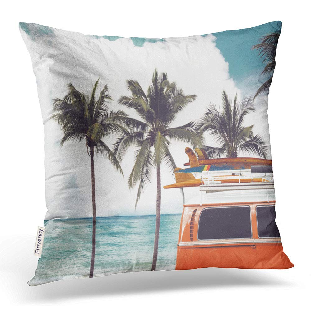 Emvency Throw Pillow Covers Vintage Car Parked Tropical Beach Seaside A Surfboard Decor Pillowcases Polyester 16 X 16 Inch Square Hidden Zipper Home Cushion Decorative Pillowcase