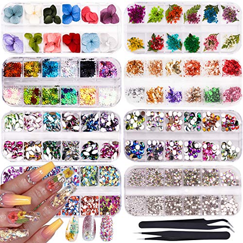 Fagushome 8 Boxes Nail Glitter Sequins Kit Nail Art Stickers Holographic Shining Nail Flakes Rhinestones Heart Nail Dried Flowers And 2Pcs Tweezers (8 Boxes) #TOP8