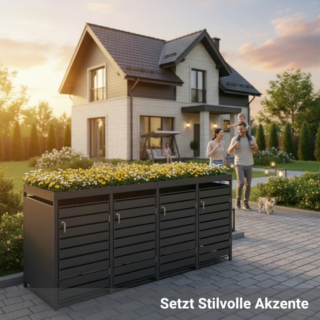novaterra® Mülltonnenbox Metall Anthrazit für 4×240L - Mülltonnenunterstand mit Pflanzdach, integrierter Auffangkette zur Kippbegrenzung, pulverbeschichtet, wetterfest - B 260 × T 80× H 124 cm