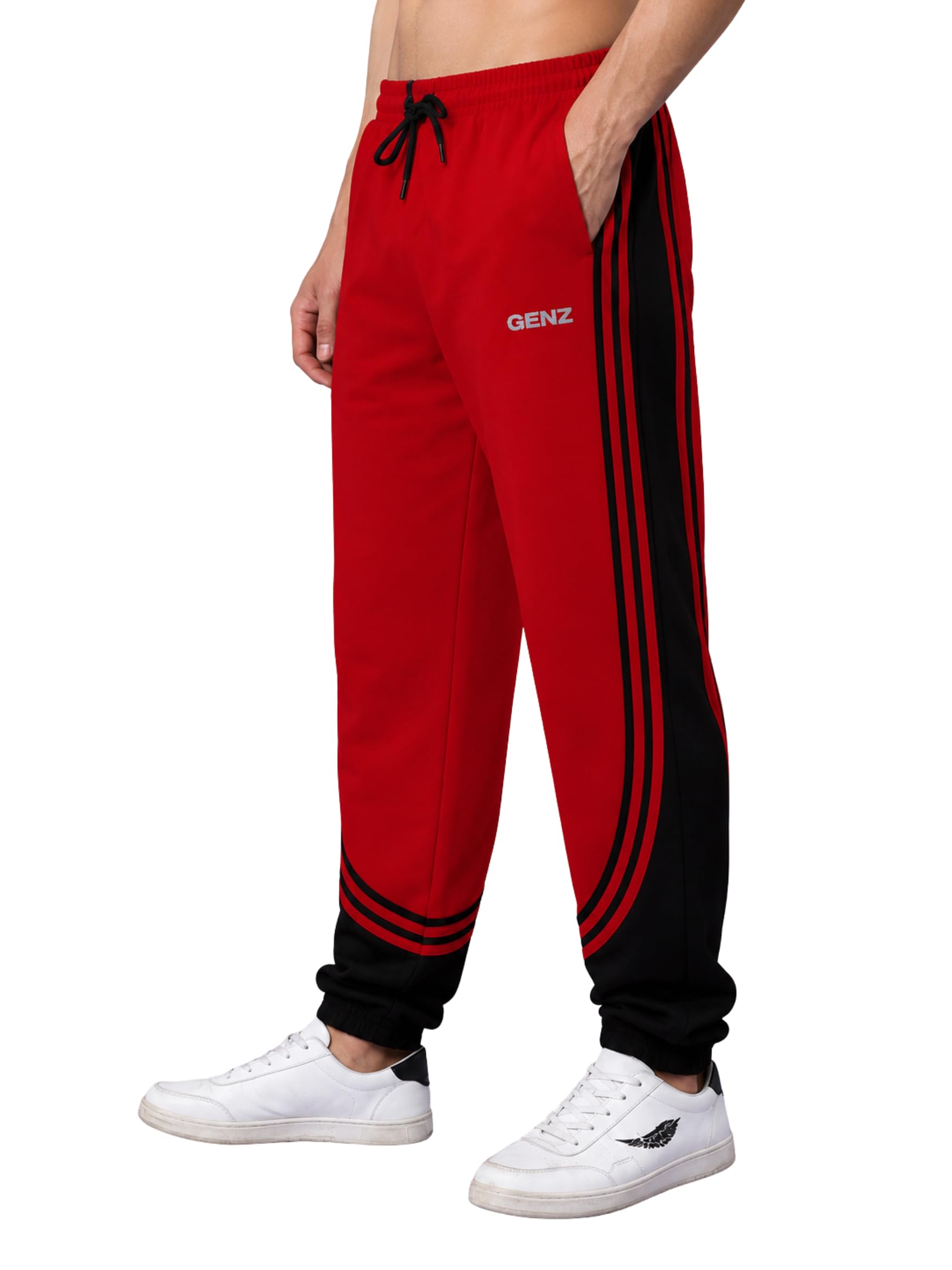 Genzclassic Men's Cotton Jogger Track Pants with Triple Side Stripes, Athletic Fit Sports Lower | Red & Black-picture-51