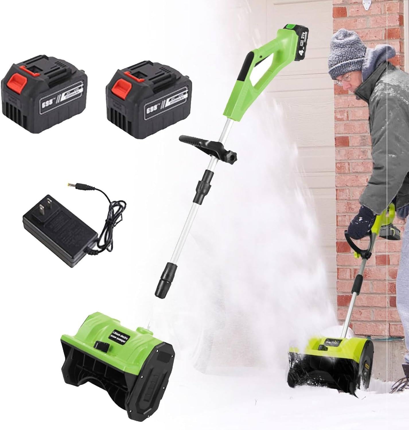 Kit Pala da Neve elettrica Senza Fili da 20 V, spazzaneve Elettrico da 11", con 2 batterie da 4,0 Ah e Caricabatterie rapido, con Display Digitale,Green