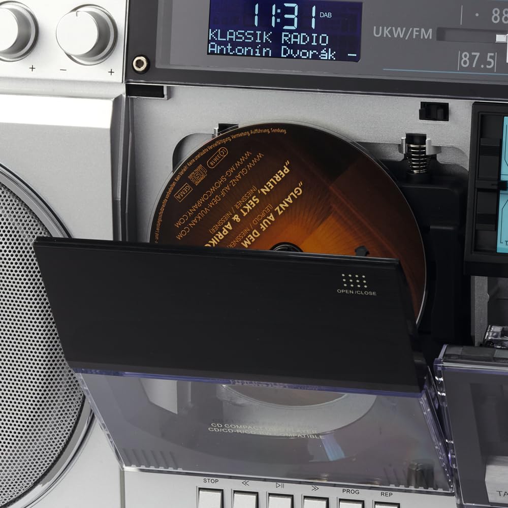 EUROtops DAB+-Boombox „Retro 1980er“ – Kassettendeck, CD, Bluetooth, USB, MicroSD, Radio, Aufnahmefunktion