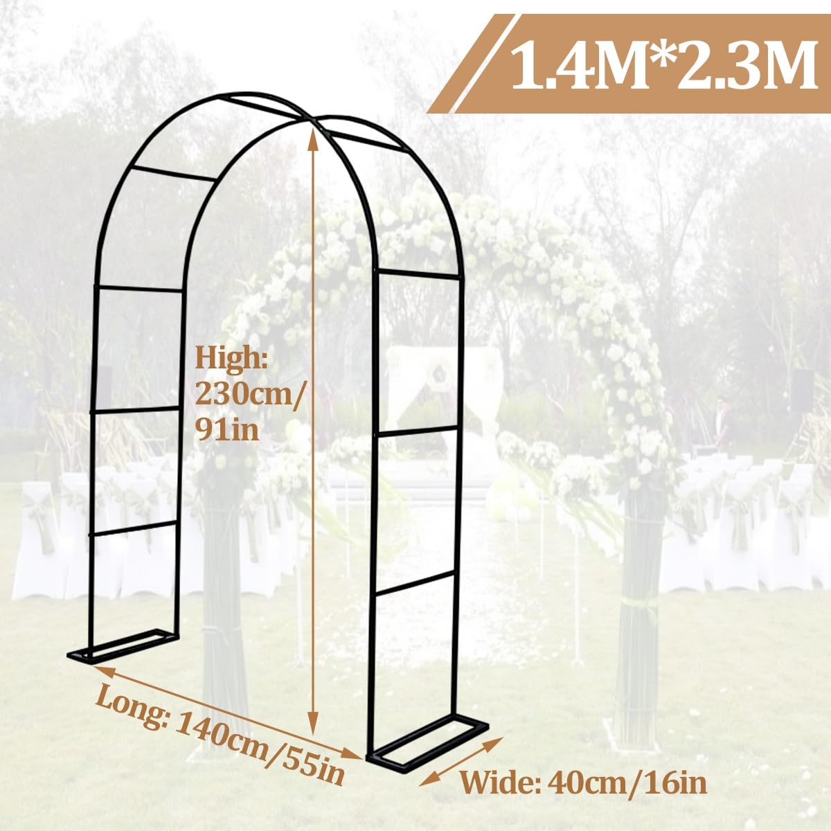 Metalowy łuk różany do ogrodu, dekoracja ślubna, kratka na rośliny, regulowany rozmiar dł. 140 x szer. 40 x wys. 230 cm, elegancka czarna altana ogrodowa, idealna do róż i roślin pnących
