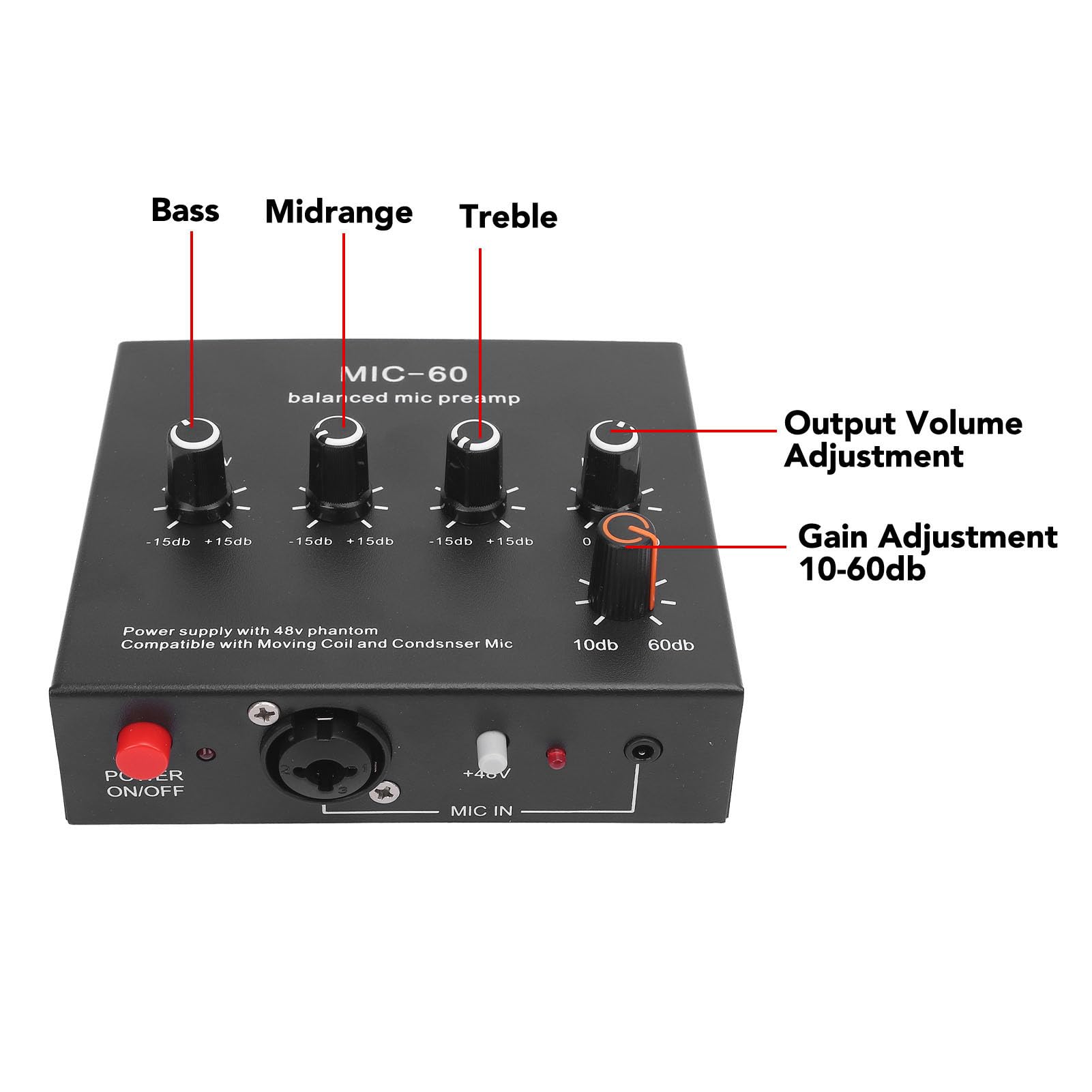 Préampli Micro, 60 DB Gain élevé, 48V Power, 3,5mm/6,35mm/XLR Sortie, Préamplificateur de Microphone, Préampli Microphone pour Micro à Condenseur et Dynamique (Prise UE)