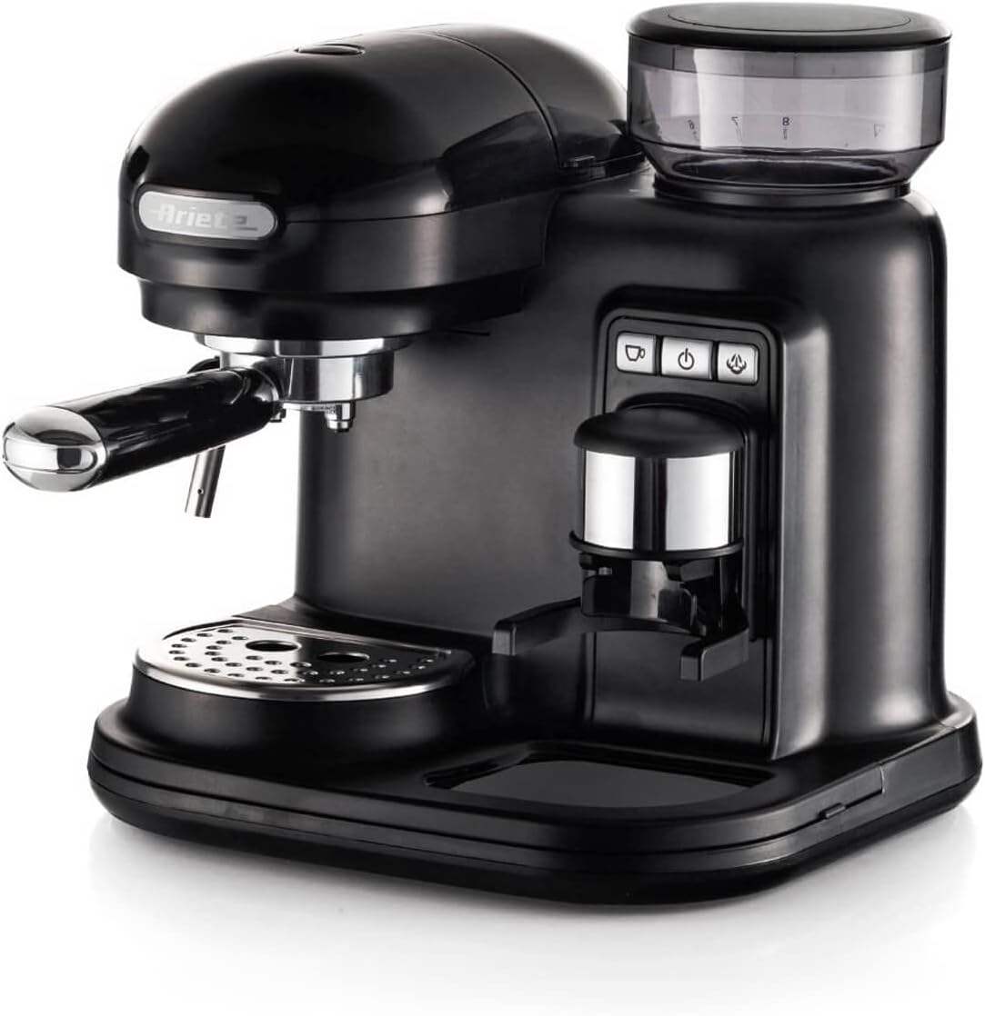 Ariete 1318B Moderna Espresso Machine, 15 Bar Pressure Pump, Barista Style Coffee Maker with Built in Grinder & Milk Frother, Ideal for Cappuccinos & Lattes, Black