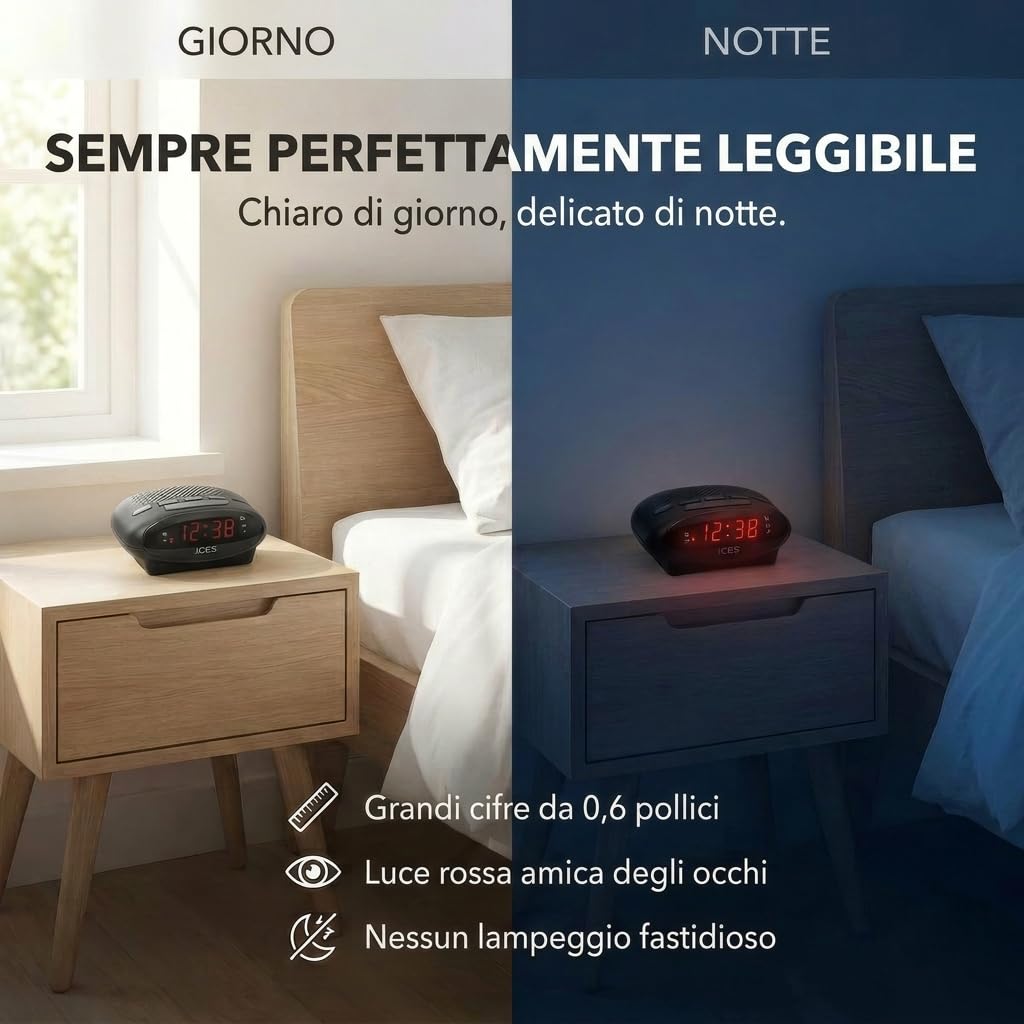 Ices ICR-210 Nero Radiosveglia FM PLL Design Moderno