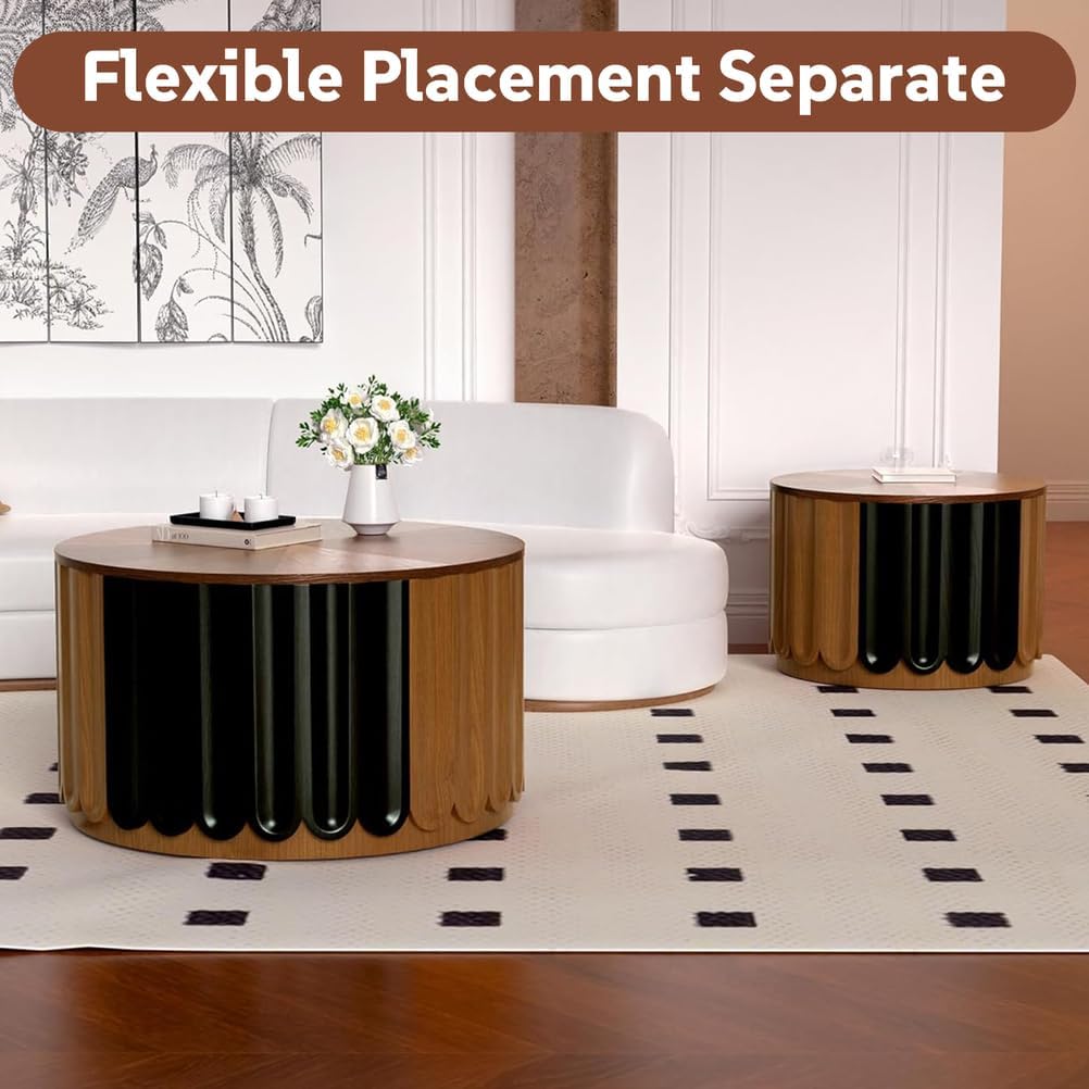 Round Nesting Coffee Tables Set of 2 with Storage, Round Fluted Coffee Table and End Table Sets Handcraft Wood Embossed Design Circle Side Tables for Living Room Small Spaces
