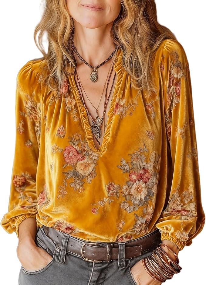 Pinclodly Velvet Tops for Women Deep V Neck Long Sleeve Western Shirt Elegant Loose Pleated Collar Boho Print Floral Blouse Yellow
