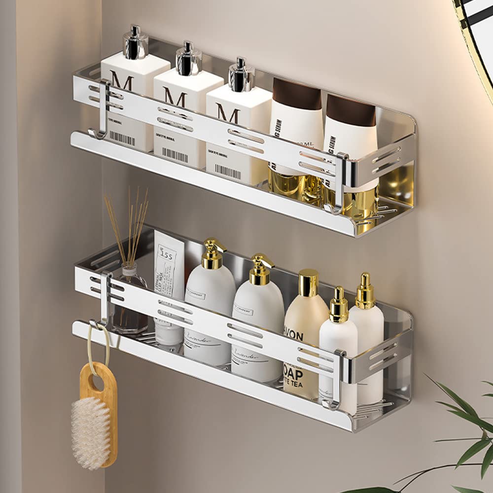40cm Mensola Doccia Senza Foratura Mensola Bagno Autoadesivo Acciaio Inossidabile con 2 Ganci Organizer Bagno per Shampoo, Sapone, Spugna, Cucina Cromo Superficie