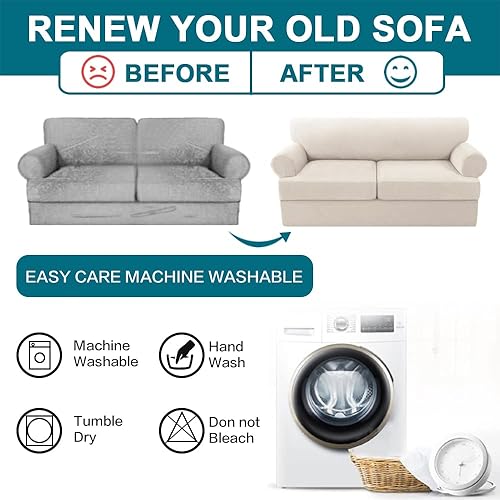 Miniatura 7 de Turquoize Fundas de sofá de 4 piezas para sofá de 2 cojines individuales en forma de T, paquete de 3 fundas de sofá, color marfil