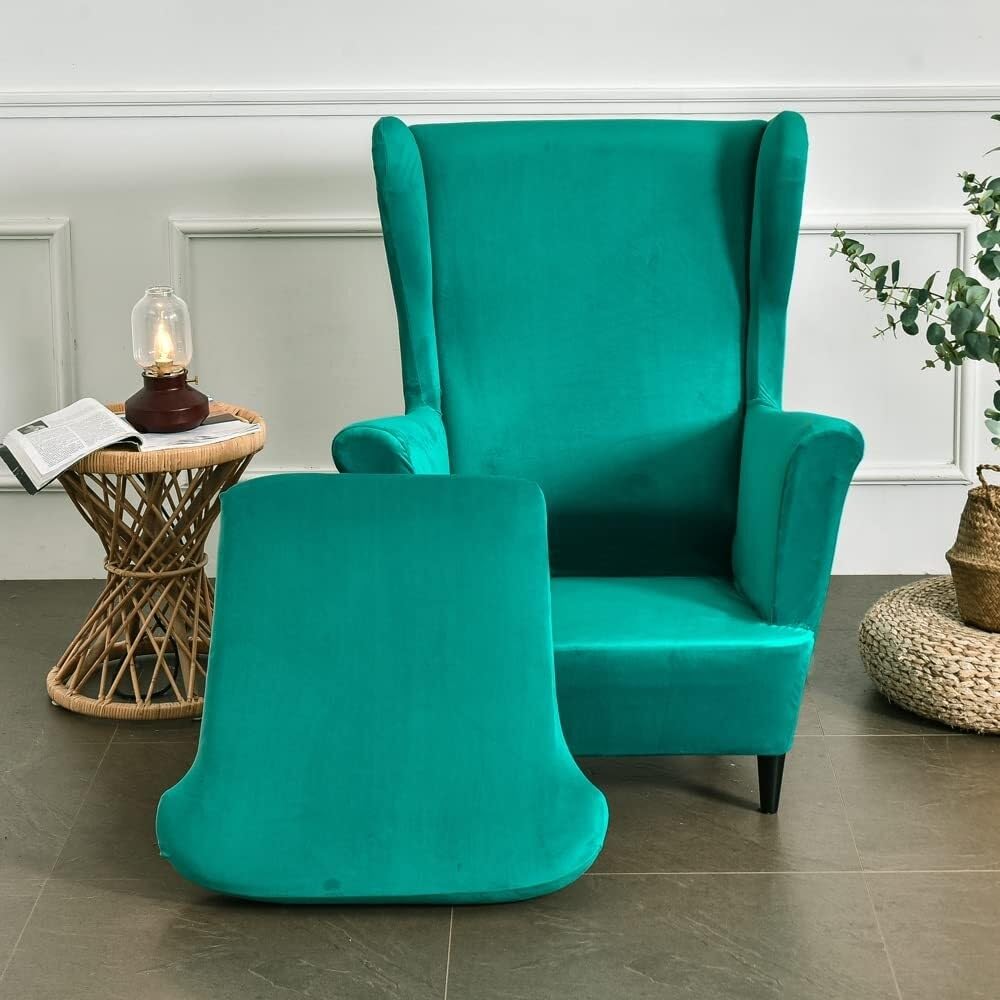 Velvet Copripoltrona con Orecchie Elasticizzato, Tinta unita 2-Pezzi Copridivano da 1 Posto con Fodera per Cuscino, Lavabile per Strandmon Bar Soggiorno Camera da Letto(Verde Giada)
