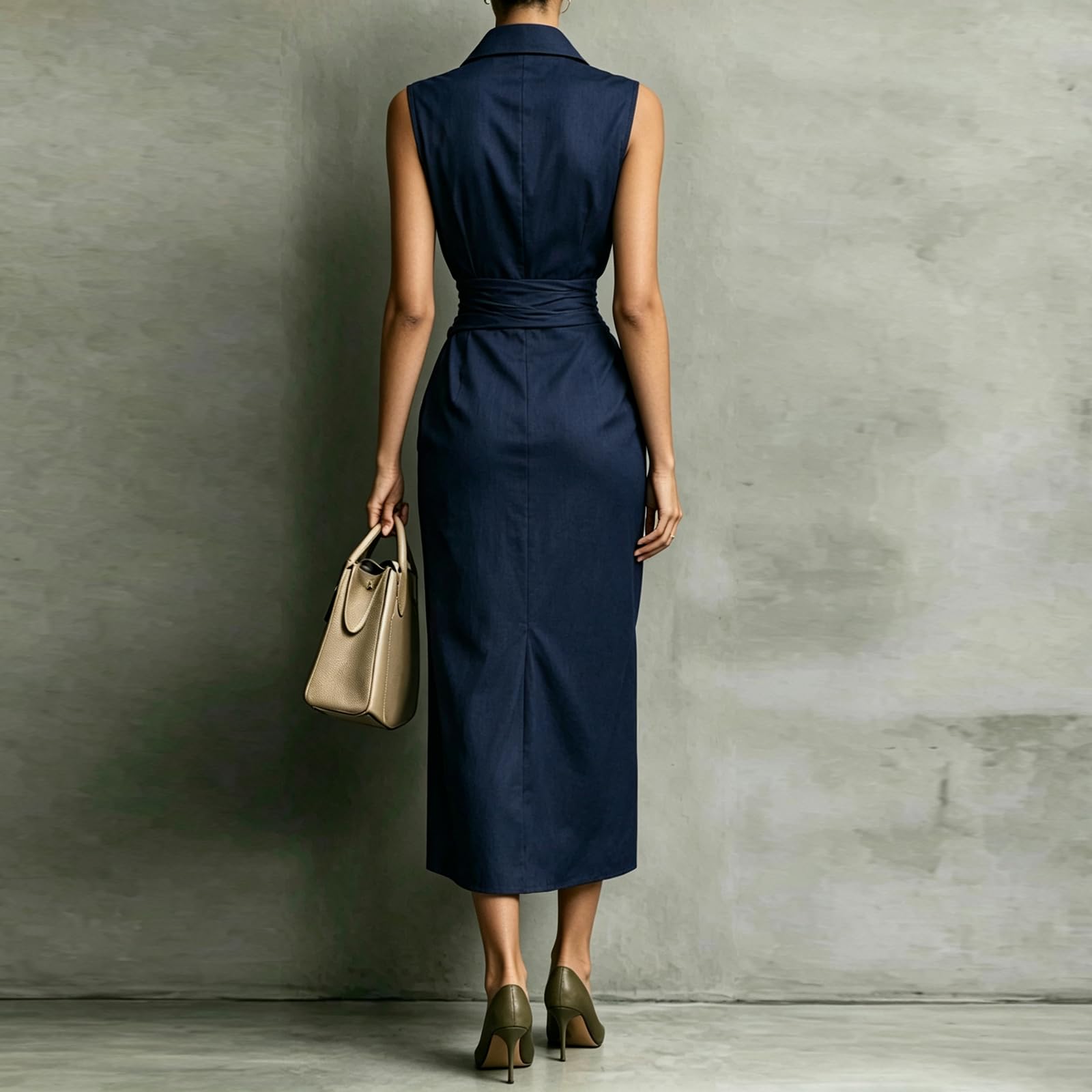 Vestido Midi Entallado para Mujer Mangas con Diseño Asimétrico Drapeado