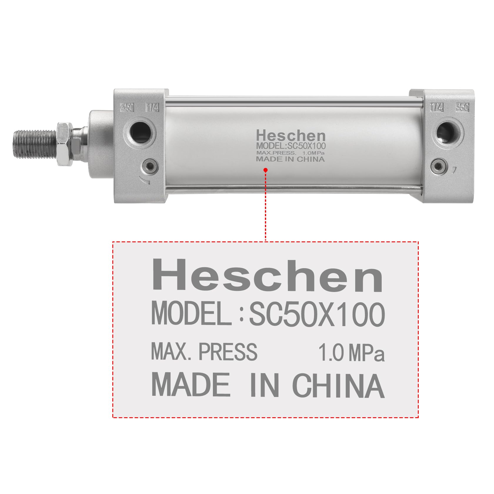 Heschen Vérin pneumatique Standard, SC 50-100, PT1/4'' Port, Alésage 50mm, Course 100mm, Double Effet