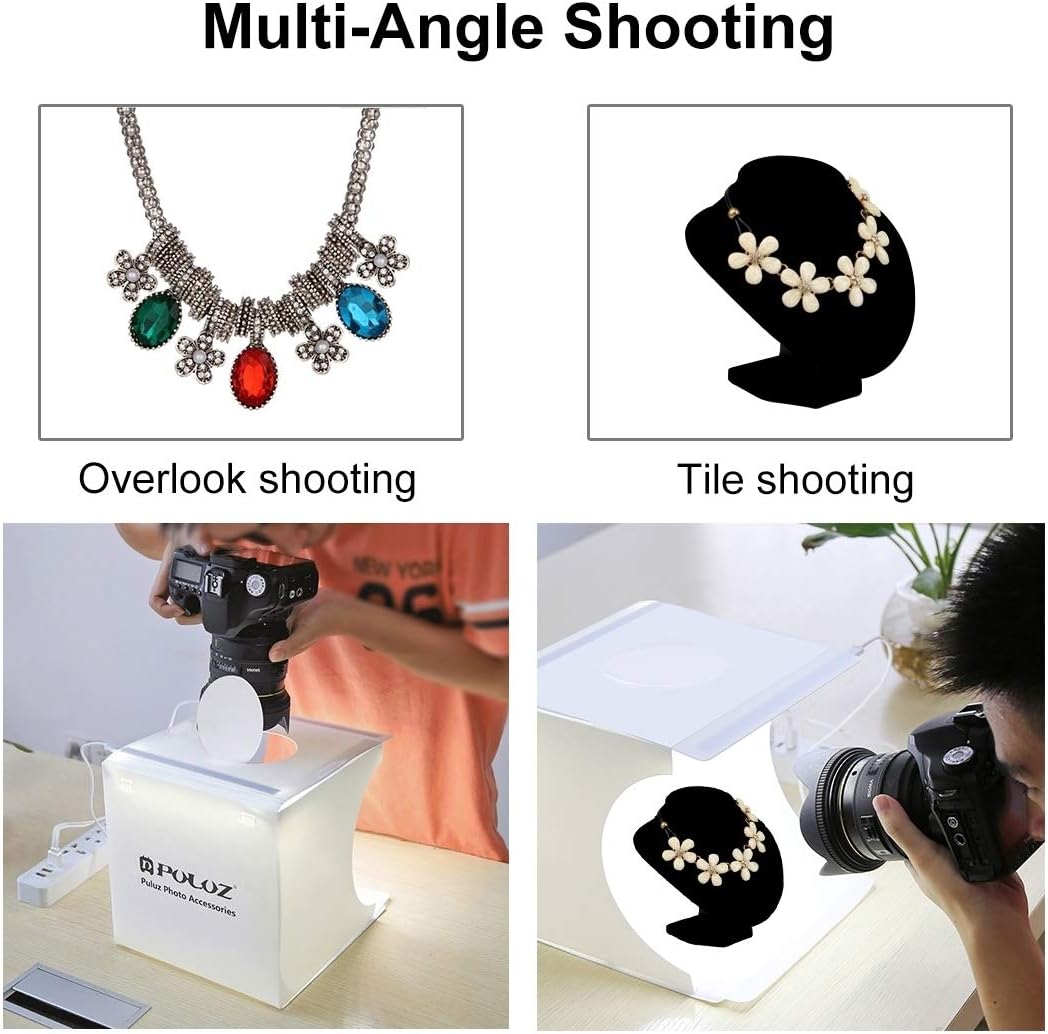 Examples of multi-angle shooting with the PULUZ Mini Photo Studio Light Box, including overlook shooting and tile shooting, demonstrating how to use the top opening for different perspectives.