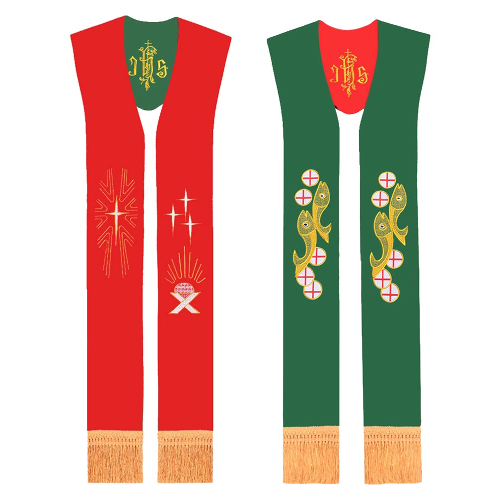 Blessume Unisex Red & Green #2 Priest Reversible Stole Embroidered Chasuble Stole (Red & Green #2)