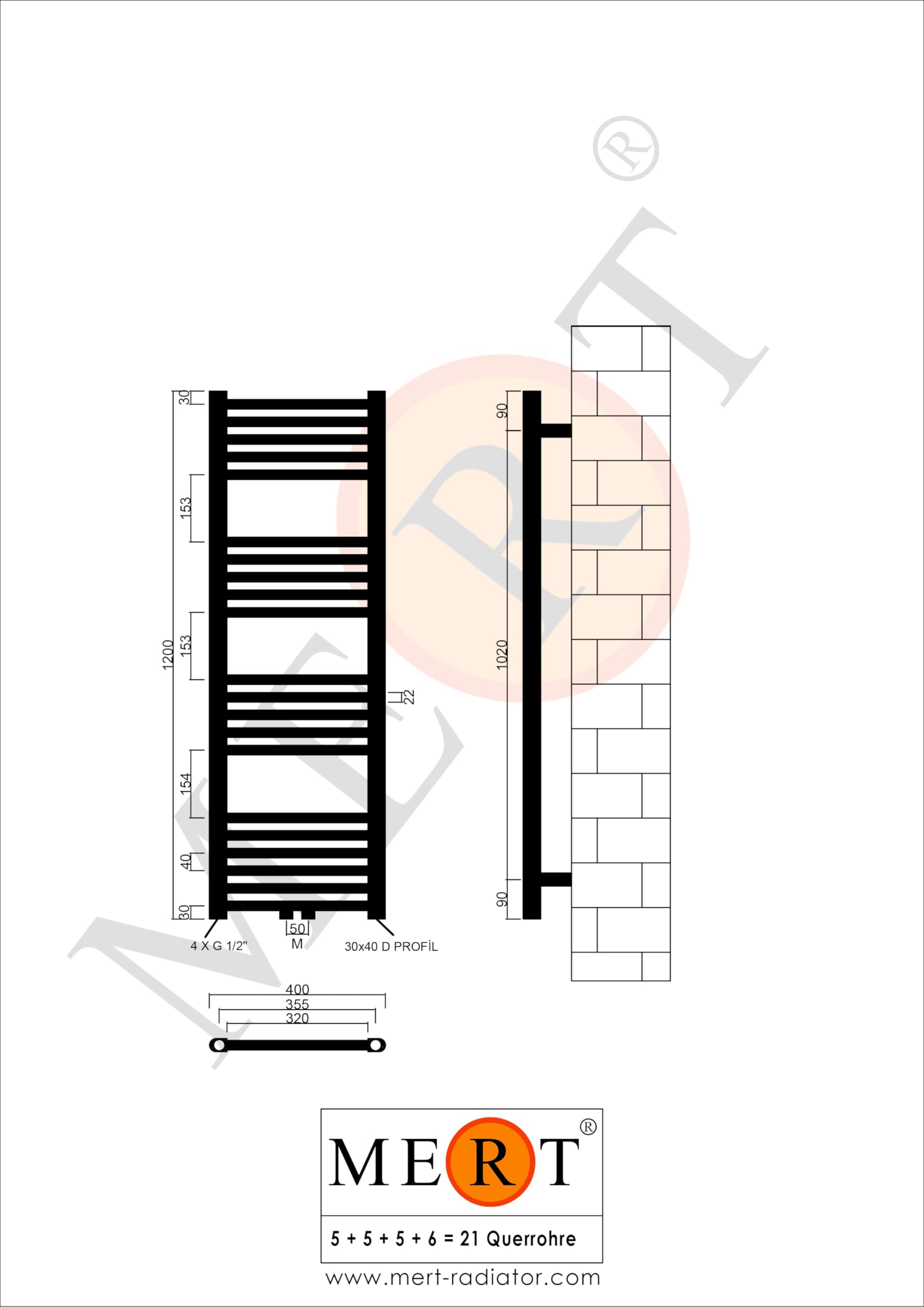 Mert Heizung mit Thermostat Fernwärme Warmwasser Bad-Heizung 1200x400 Bad-Heizkörper 1/2 Zoll Mittelanschluss 50 mm weiß Handtuchhalter für Wandmontage