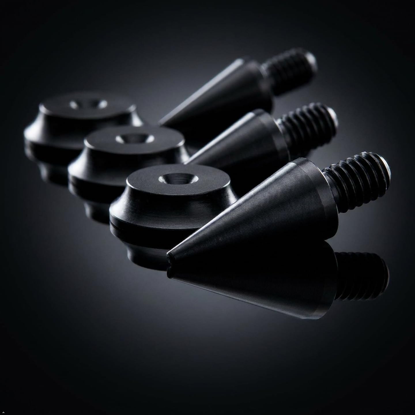 Set di punte e cuscinetti per altoparlanti M6, alluminio nero, Ø10 mm cono con radius pad Ø20 mm, ammortizzatori vibrazioni HiFi