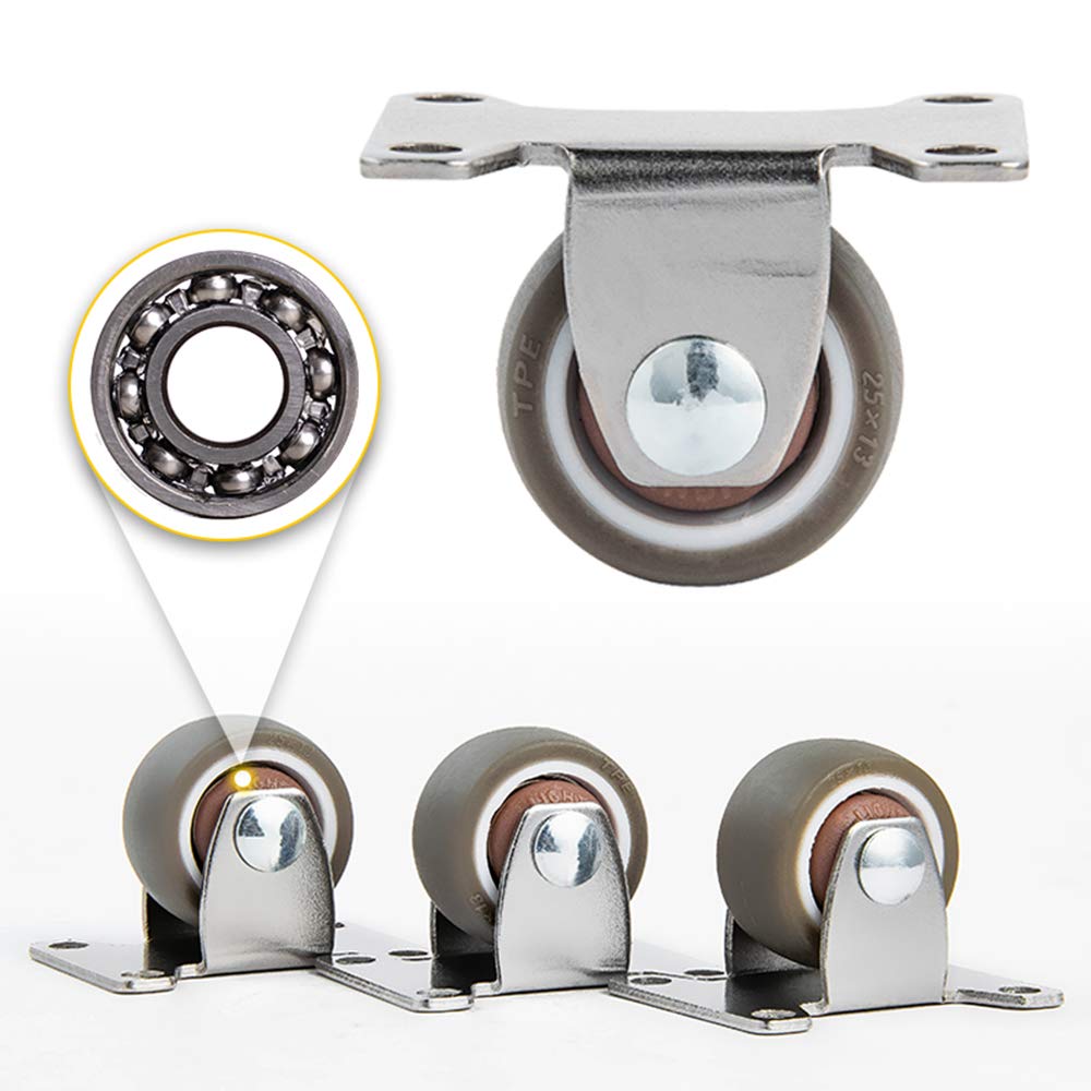 Ruote girevoli per mobili silenziose Piccole da 25 mm, Ruote fisse per cassetti, Set da 4, Ruote girevoli con Portata di 40 kg, Piastra di Montaggio allargata, cuscinett