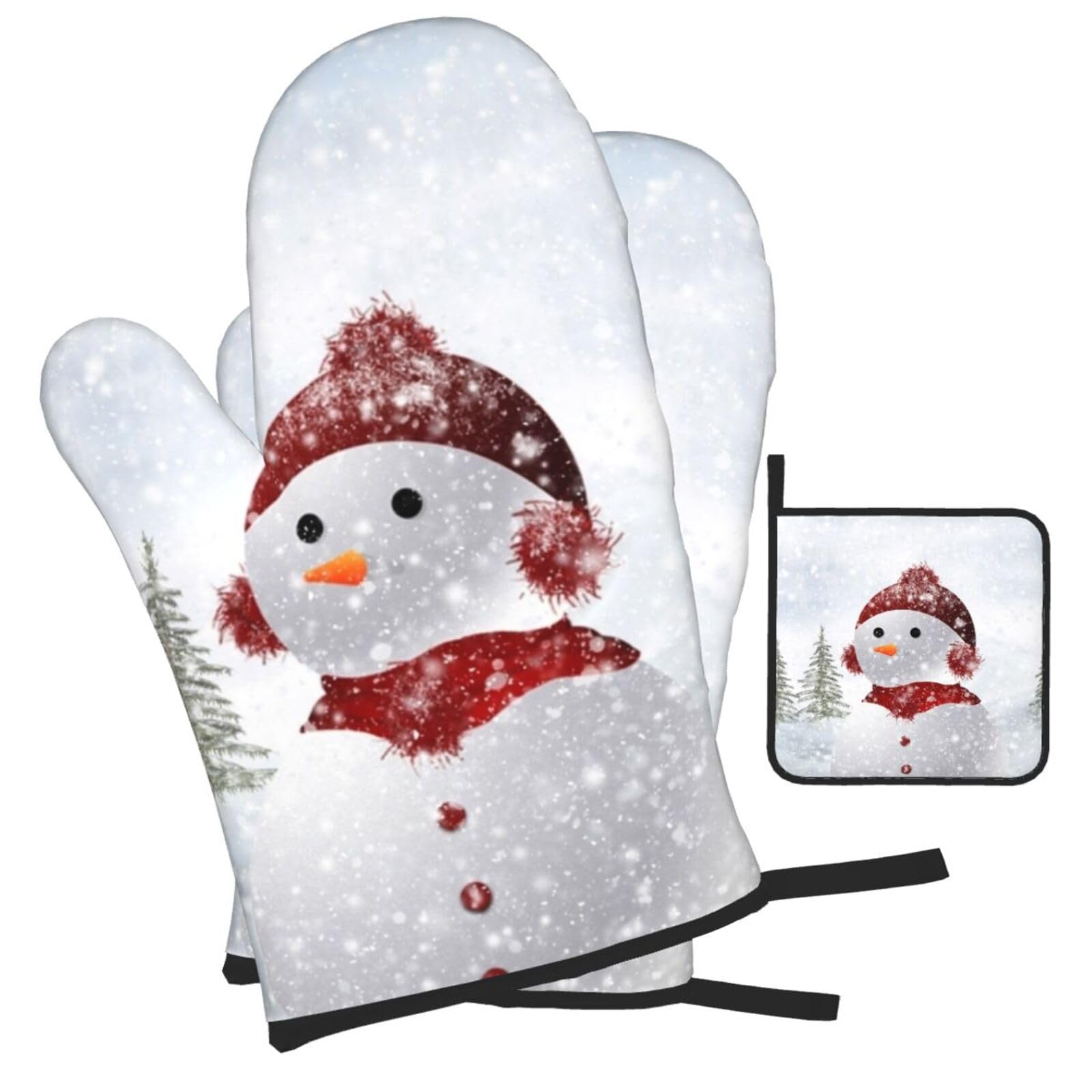 Snowman Printed Oven Mitts and Pot Holders Heat Resistant Set of 3 Pcs, Modern Kitchen Gloves & Potholders for Cooking Baking Grilling