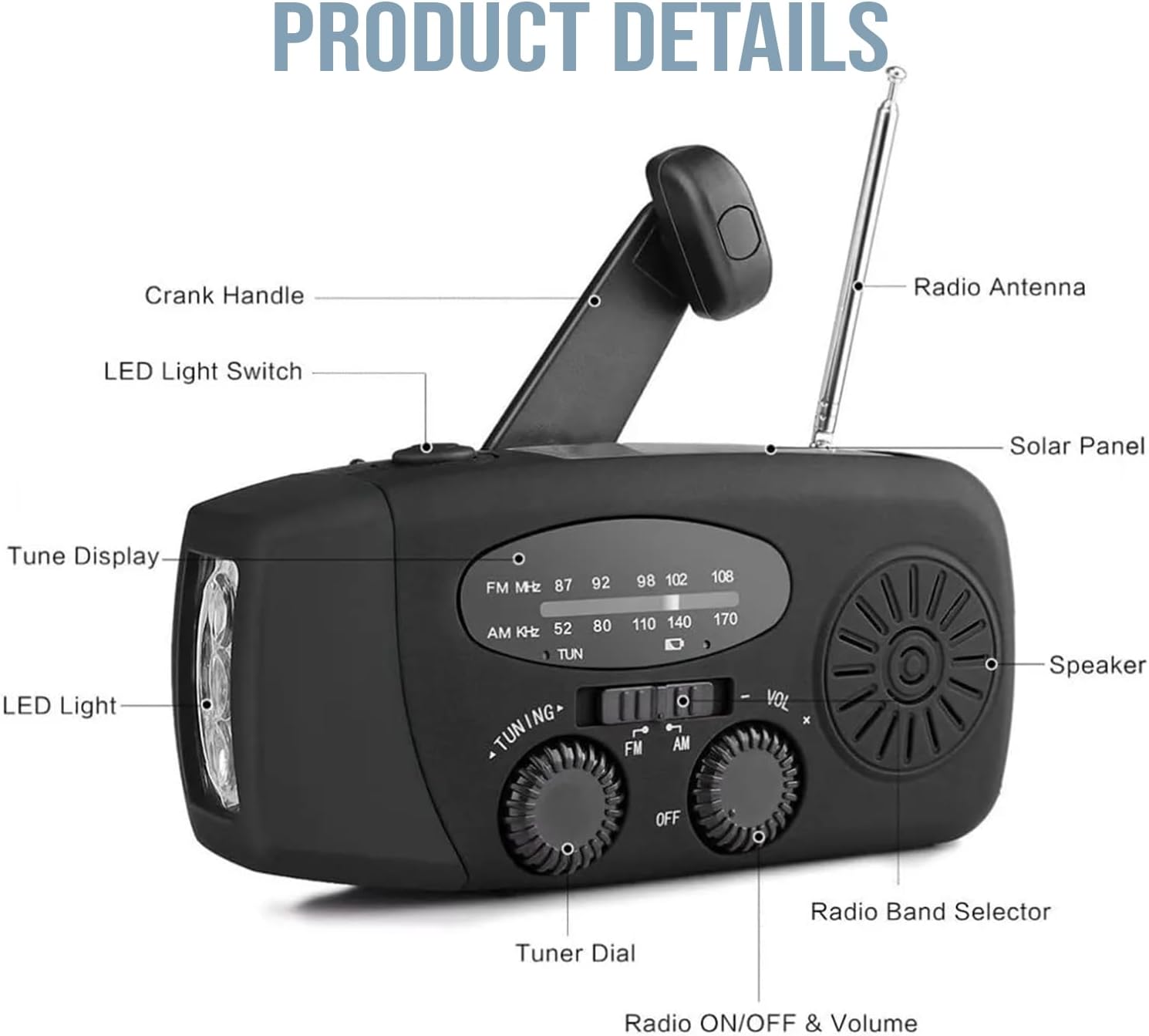Diagram of Technaxx TX-238 radio with labels for each component: Crank Handle, LED Light Switch, Tune Display, LED Light, Radio Antenna, Solar Panel, Speaker, Radio Band Selector, Tuner Dial, Radio ON/OFF & Volume.