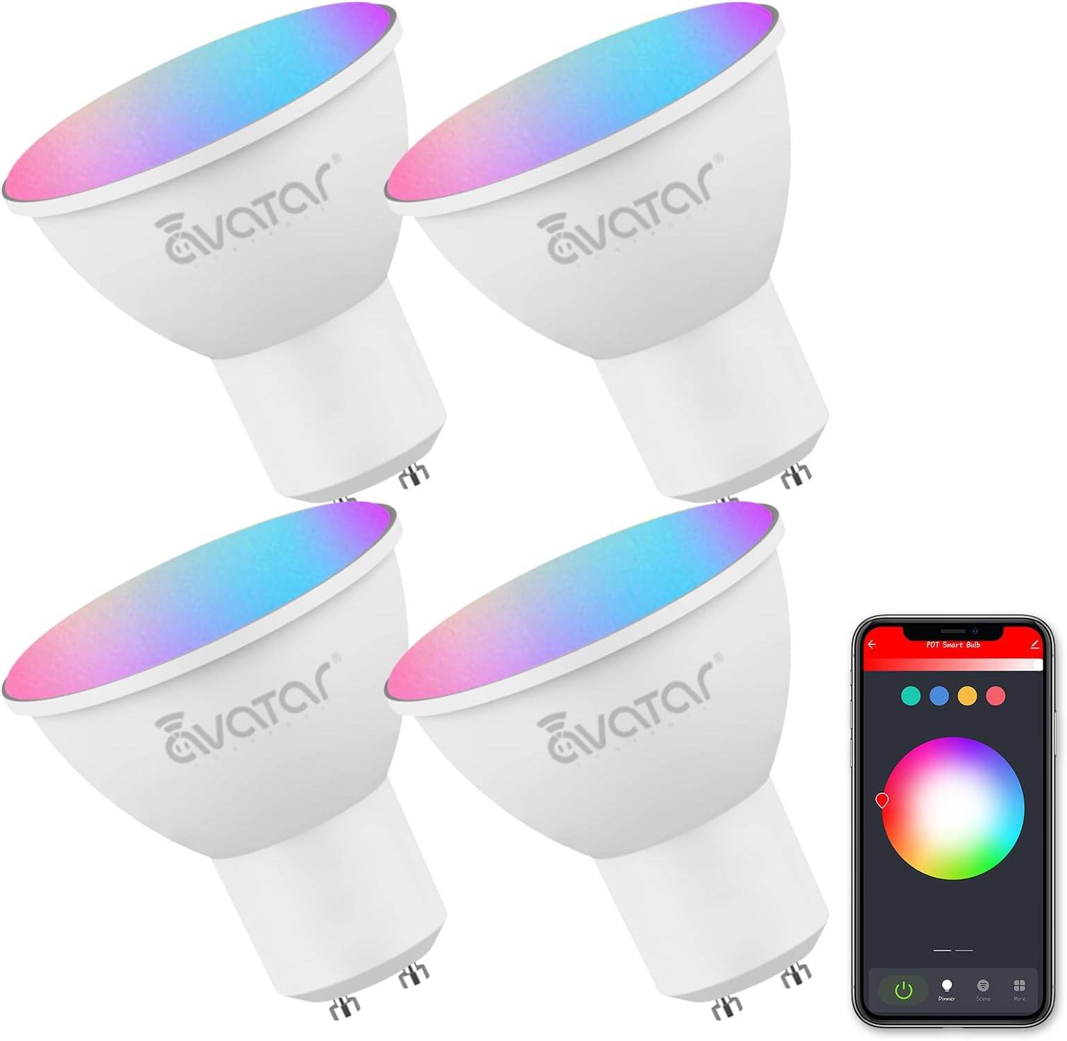 Avatar Controls GU10 Smart Bulb 4 Pack, 5W Music Sync Spot Alexa LED Lights RGBCW Colour Changing Dimmable Warm Cool White, Compatible with Google Home, No Hub Required