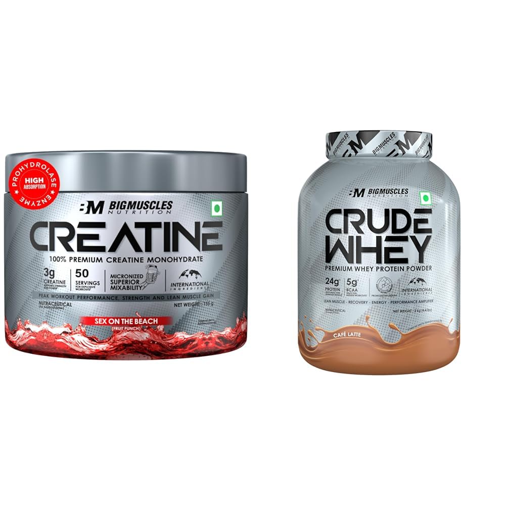 Bigmuscles Nutrition Creatine [155g, 50 Servings]|Sex On The Beach | Micronized Creatine Monohydra | Bigmuscles Nutrition Crude Whey - 2 kg (Cafe Latte) | US FDA REGD. BRAND | Whey Protein Concentrat-image-34