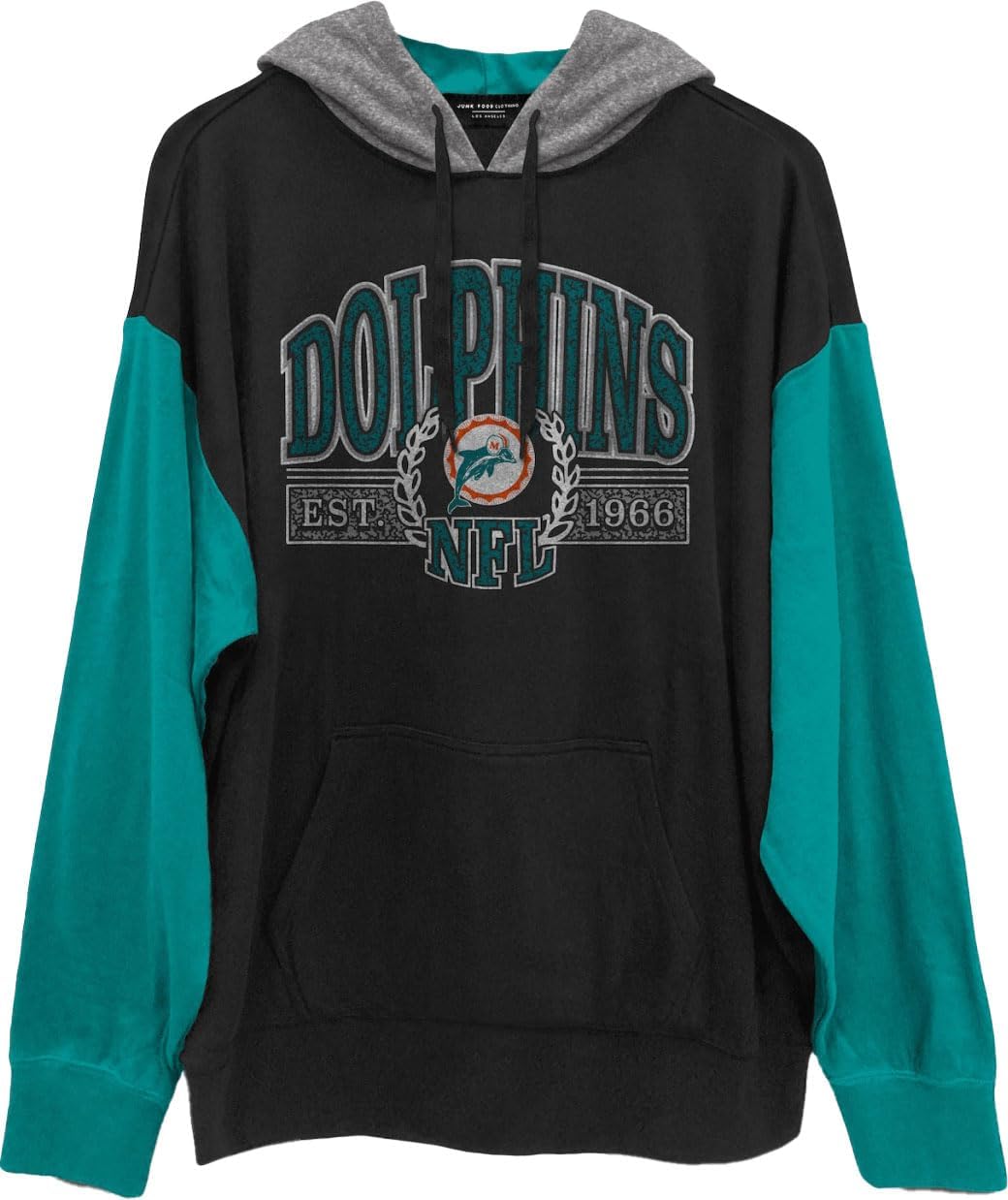 Junk Food - Mens Dolphins Tri Color Block Hood, Color Midnight/Teal/Heather Grey, Size: XX-Large