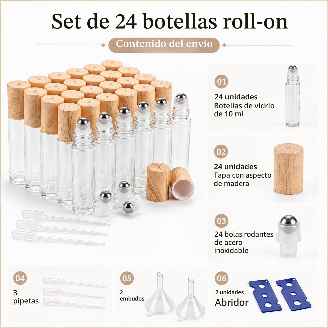 CYEER 24 Piezas Frascos Roll-On Vacíos 10ml, Frascos de Vidrio Transparente para Aceites Esenciales, Spa, Masaje, Aromaterapia