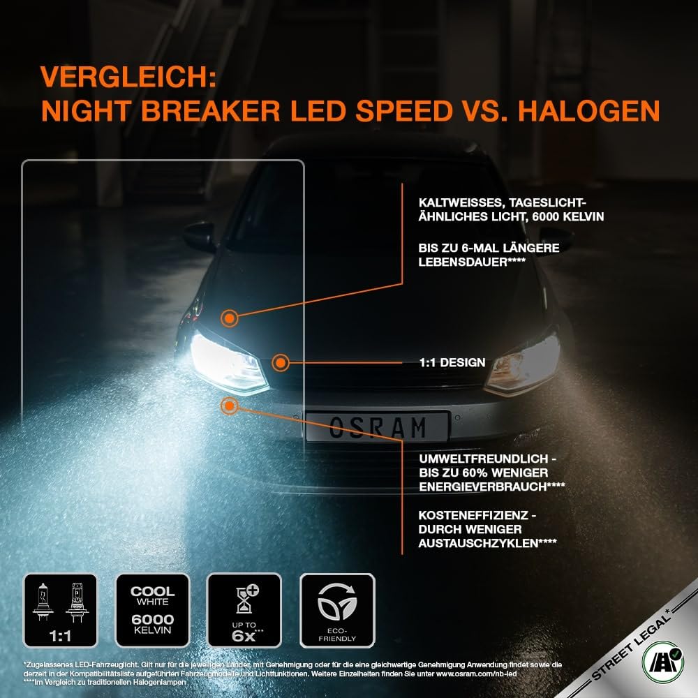 OSRAM NIGHT BREAKER LED SPEED H7 450, LED-Fern- und Abblendlicht, 6000K, 450% mehr Helligkeit, Straßenzulassung