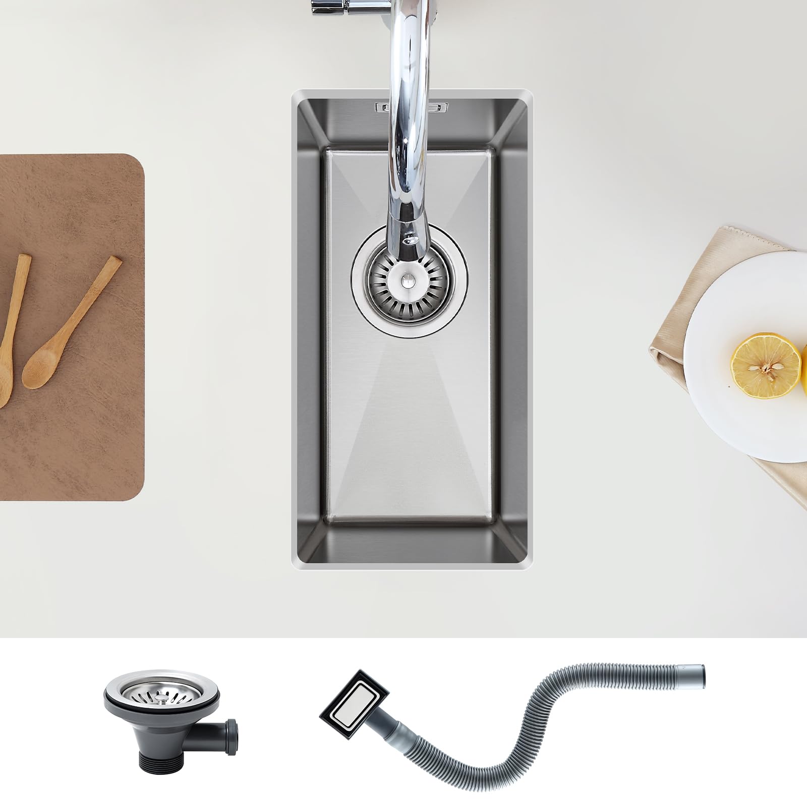 KEOKBON 25 x 45 x 19 cm Small Kitchen Sink, Durable Stainless Steel Undermount Sink Nano-Silver,with and Drain Set（No Water Trap） Overflow Hole
