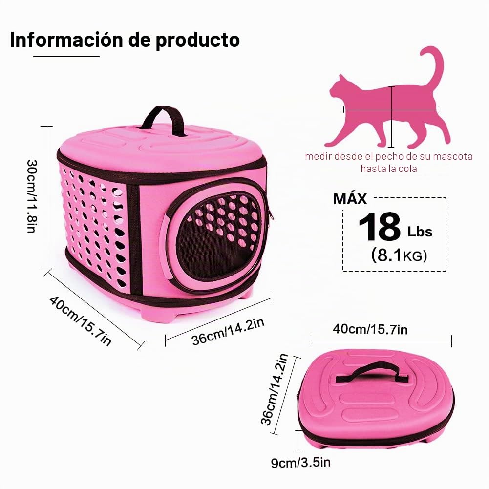 Transportin Gato Perro，Transportín de Viaje Portátil y Transpirable, Bolsa de Transporte Plegable para Mascota(Rosa